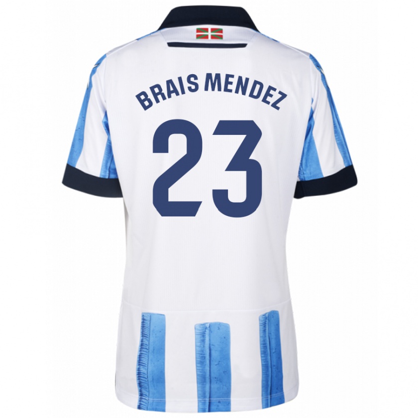 Kandiny Niño Camiseta Brais Méndez #23 Azul Blanco 1ª Equipación 2023/24 La Camisa Chile