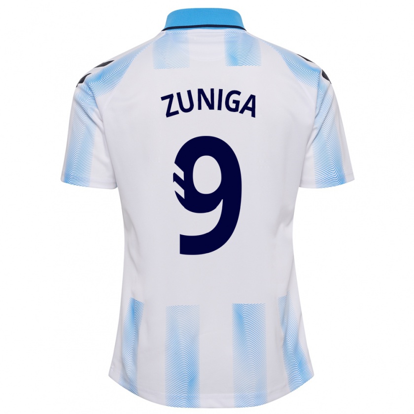 Kandiny Mujer Camiseta Loren Zúñiga #9 Blanco Azul 1ª Equipación 2023/24 La Camisa Chile