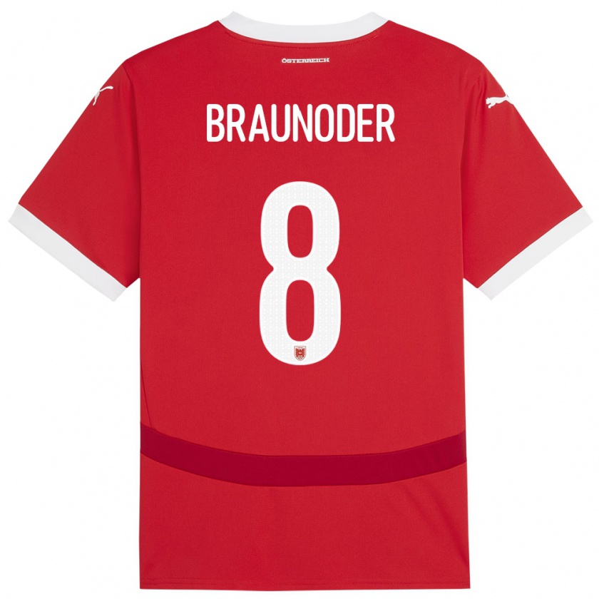 Kandiny Niño Camiseta Austria Matthias Braunöder #8 Rojo 1ª Equipación 24-26 La Camisa Chile