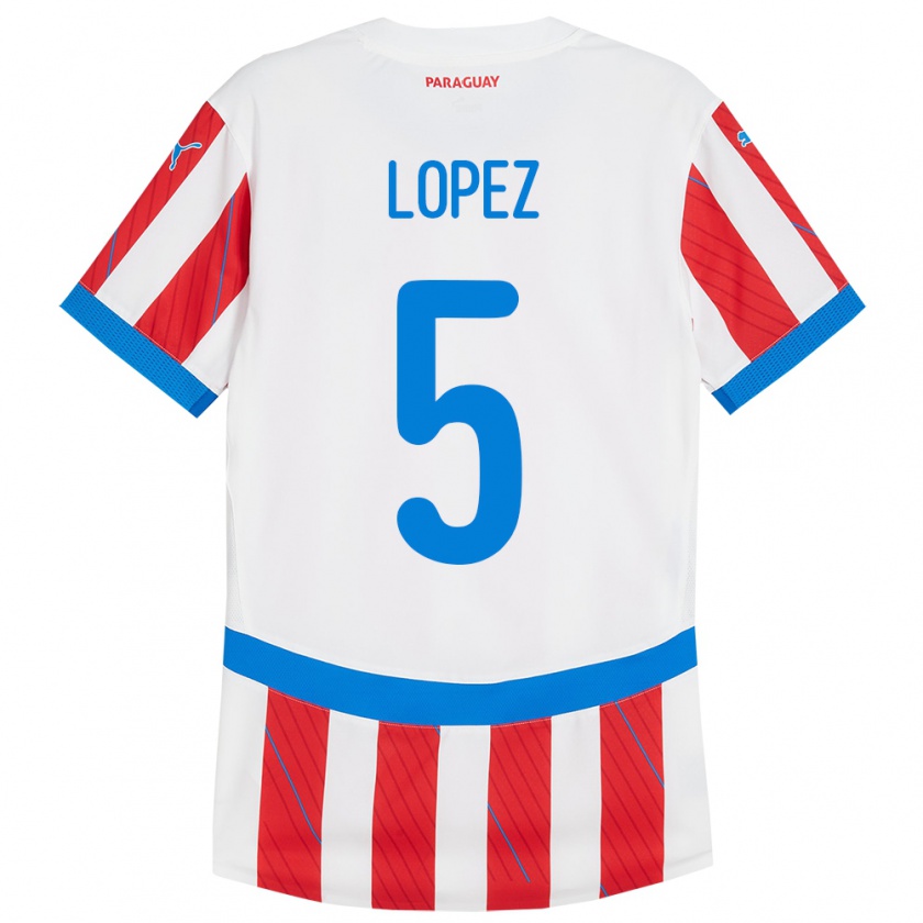 Kandiny Hombre Camiseta Paraguay Óscar López #5 Blanco Rojo 1ª Equipación 24-26 La Camisa Chile