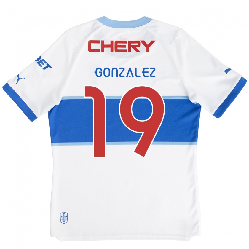 Kandiny Niño Camiseta Bryan González #19 Blanco Azul 1ª Equipación 2024/25 La Camisa Chile