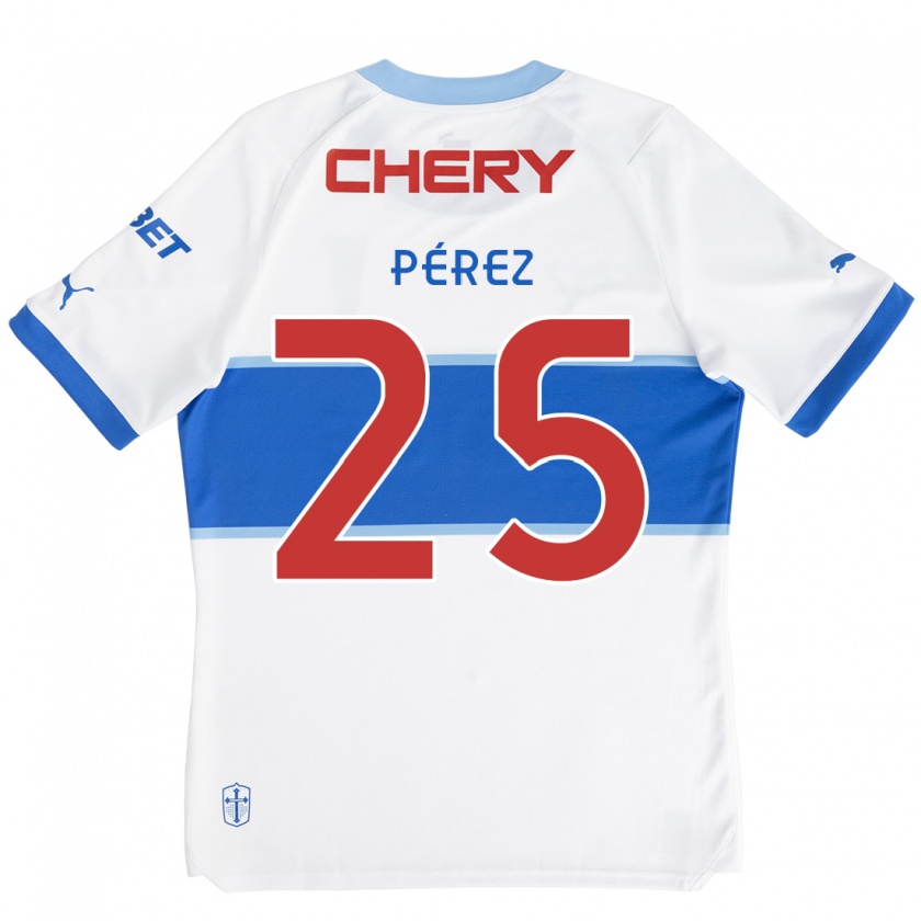 Kandiny Niño Camiseta Sebastián Pérez #25 Blanco Azul 1ª Equipación 2024/25 La Camisa Chile