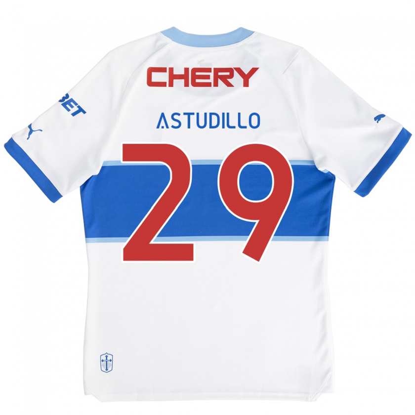 Kandiny Niño Camiseta Aaron Astudillo #29 Blanco Azul 1ª Equipación 2024/25 La Camisa Chile