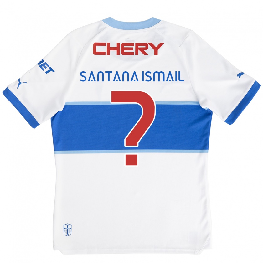 Kandiny Niño Camiseta Benjamin Santana Ismail #0 Blanco Azul 1ª Equipación 2024/25 La Camisa Chile