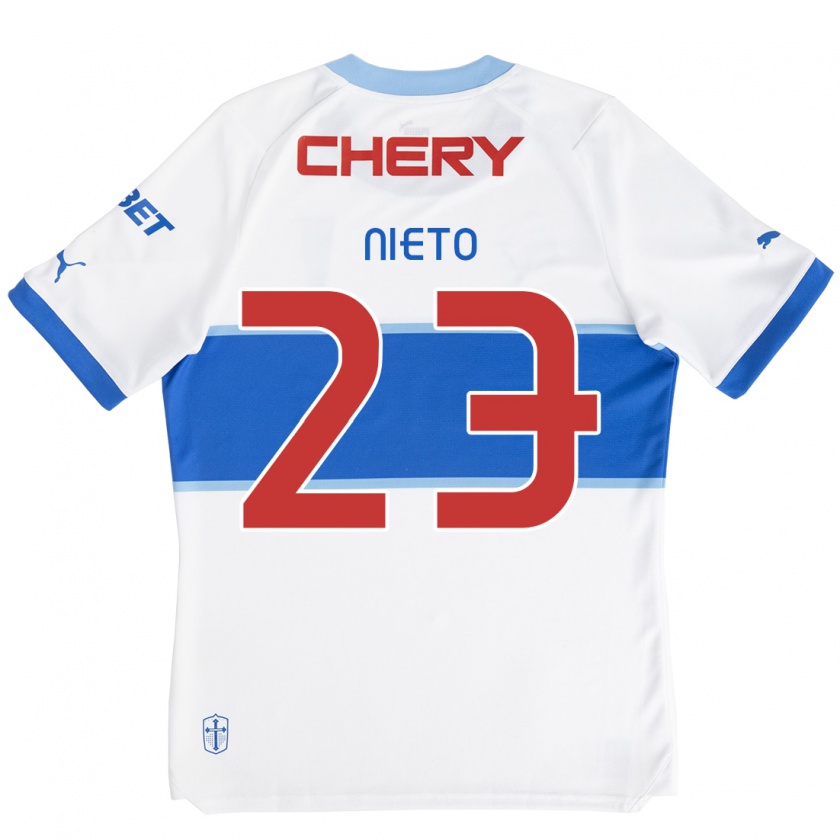 Kandiny Niño Camiseta Byron Nieto #23 Blanco Azul 1ª Equipación 2024/25 La Camisa Chile