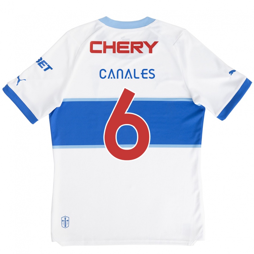 Kandiny Hombre Camiseta Alfred Canales #6 Blanco Azul 1ª Equipación 2024/25 La Camisa Chile