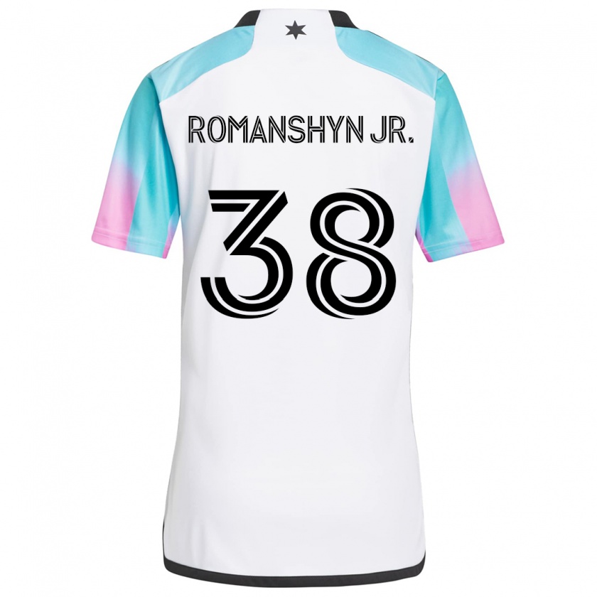 Kandiny Hombre Camiseta Kage Romanshyn Jr. #38 Blanco Azul Negro 2ª Equipación 2024/25 La Camisa Chile