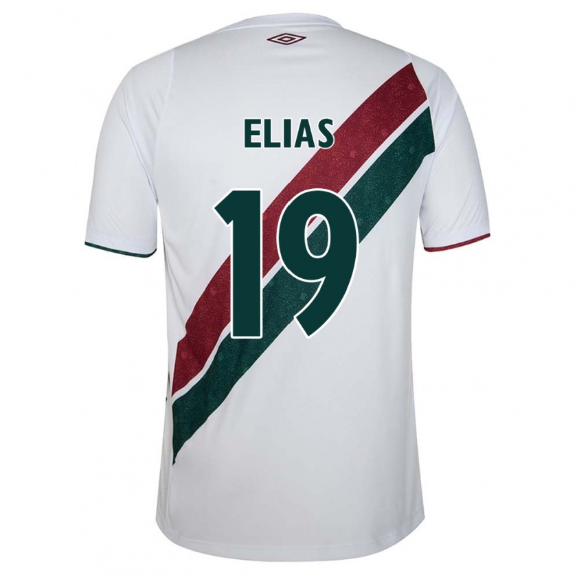 Kandiny Niño Camiseta Kauã Elias #19 Blanco Verde Granate 2ª Equipación 2024/25 La Camisa Chile