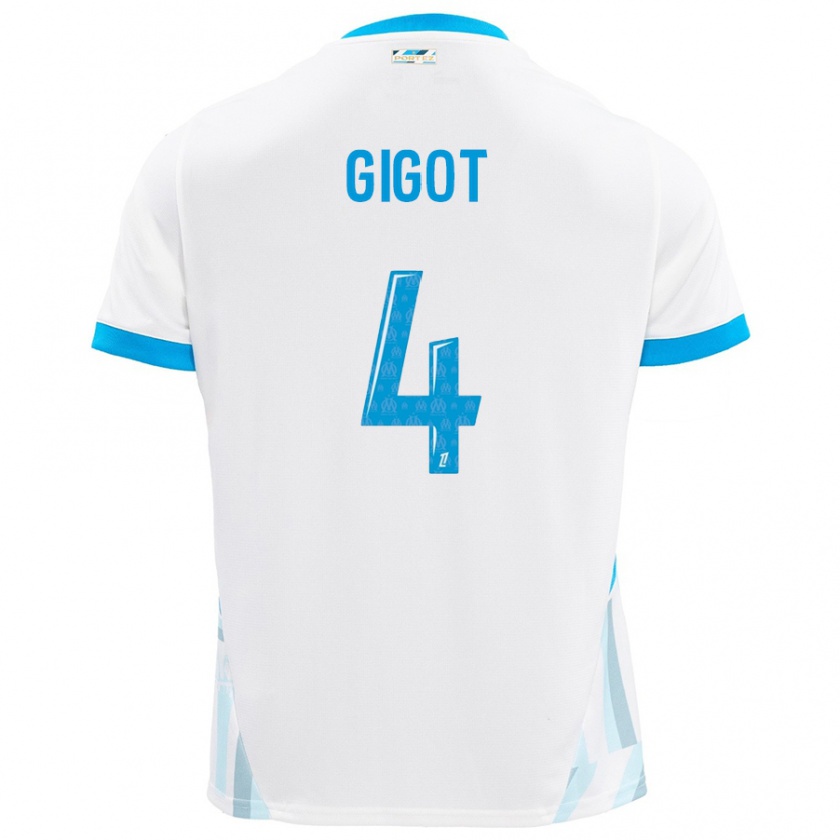 Kandiny Niño Camiseta Samuel Gigot #4 Blanco Azul Cielo 1ª Equipación 2024/25 La Camisa Chile