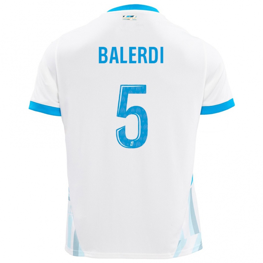 Kandiny Niño Camiseta Leonardo Balerdi #5 Blanco Azul Cielo 1ª Equipación 2024/25 La Camisa Chile