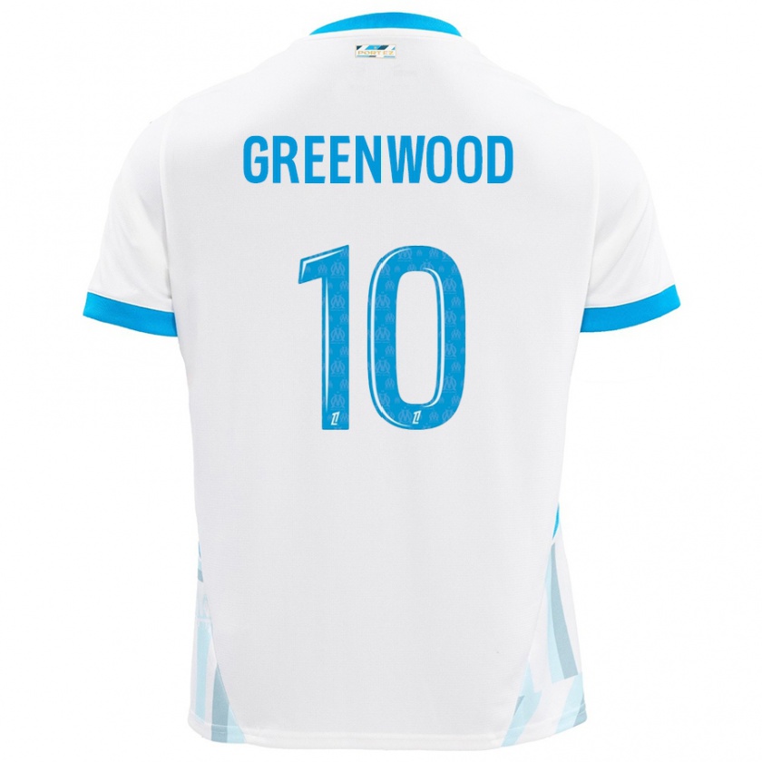 Kandiny Niño Camiseta Mason Greenwood #10 Blanco Azul Cielo 1ª Equipación 2024/25 La Camisa Chile