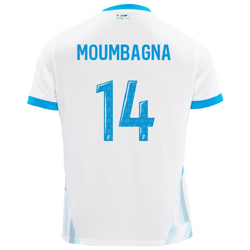 Kandiny Niño Camiseta Faris Moumbagna #14 Blanco Azul Cielo 1ª Equipación 2024/25 La Camisa Chile