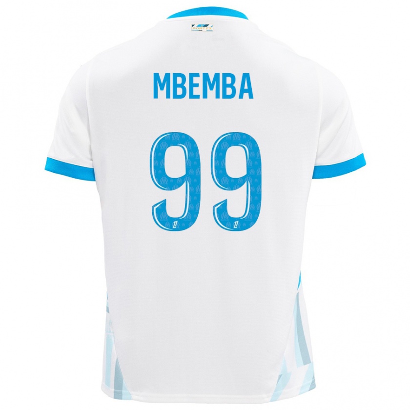 Kandiny Niño Camiseta Chancel Mbemba #99 Blanco Azul Cielo 1ª Equipación 2024/25 La Camisa Chile