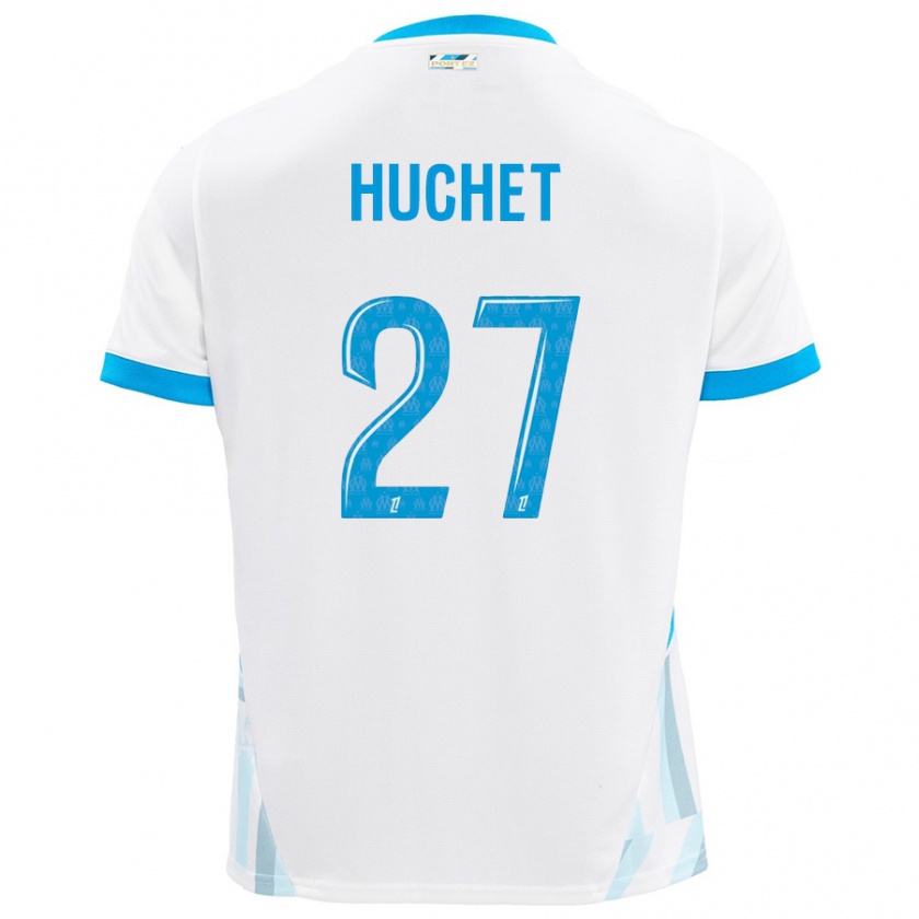 Kandiny Niño Camiseta Sarah Huchet #27 Blanco Azul Cielo 1ª Equipación 2024/25 La Camisa Chile