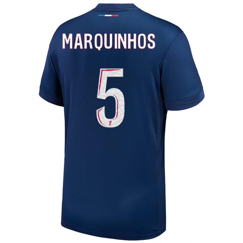 Kandiny Niño Camiseta Marquinhos #5 Azul Marino Blanco 1ª Equipación 2024/25 La Camisa Chile