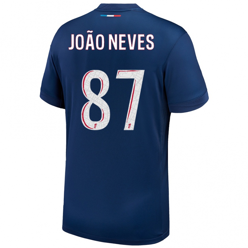 Kandiny Niño Camiseta João Neves #87 Azul Marino Blanco 1ª Equipación 2024/25 La Camisa Chile