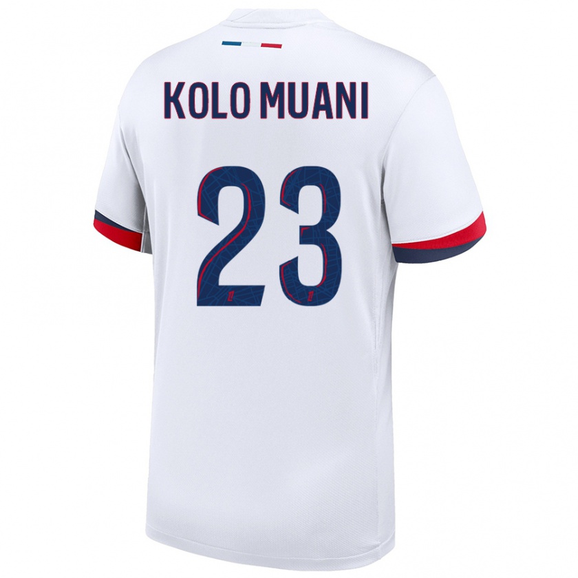 Kandiny Niño Camiseta Randal Kolo Muani #23 Blanco Azul Rojo 2ª Equipación 2024/25 La Camisa Chile