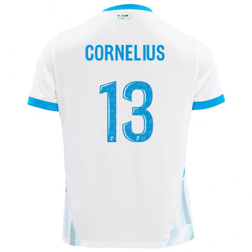 Kandiny Hombre Camiseta Derek Cornelius #13 Blanco Azul Cielo 1ª Equipación 2024/25 La Camisa Chile