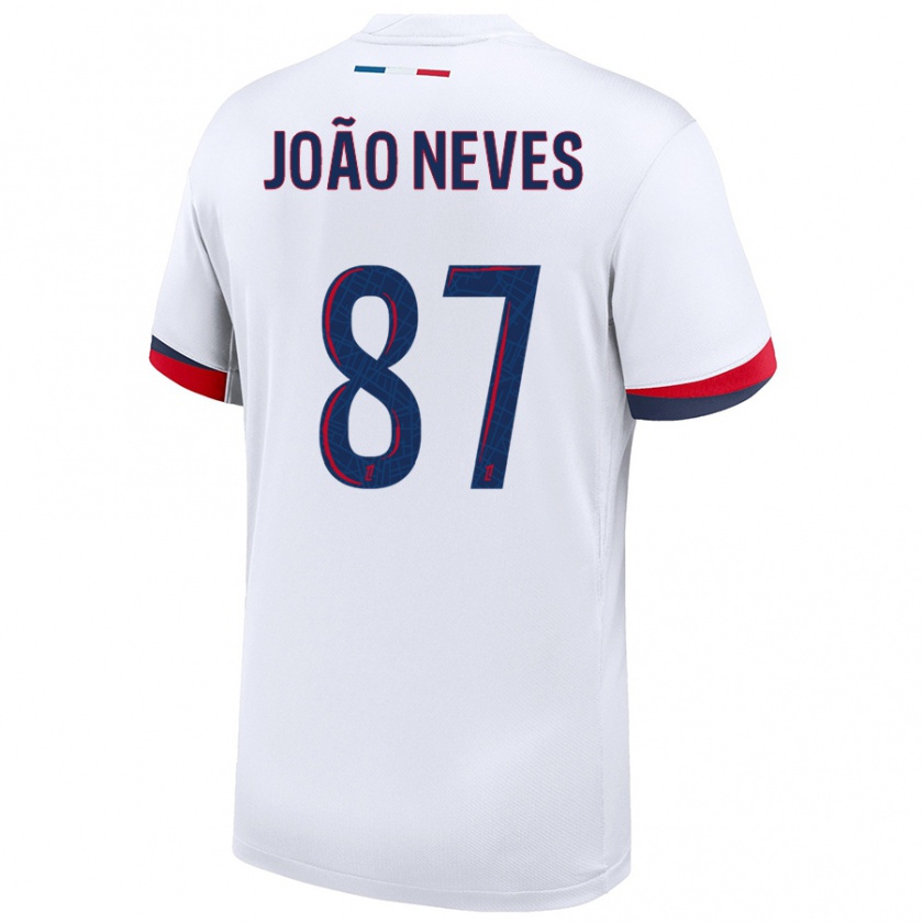 Kandiny Hombre Camiseta João Neves #87 Blanco Azul Rojo 2ª Equipación 2024/25 La Camisa Chile