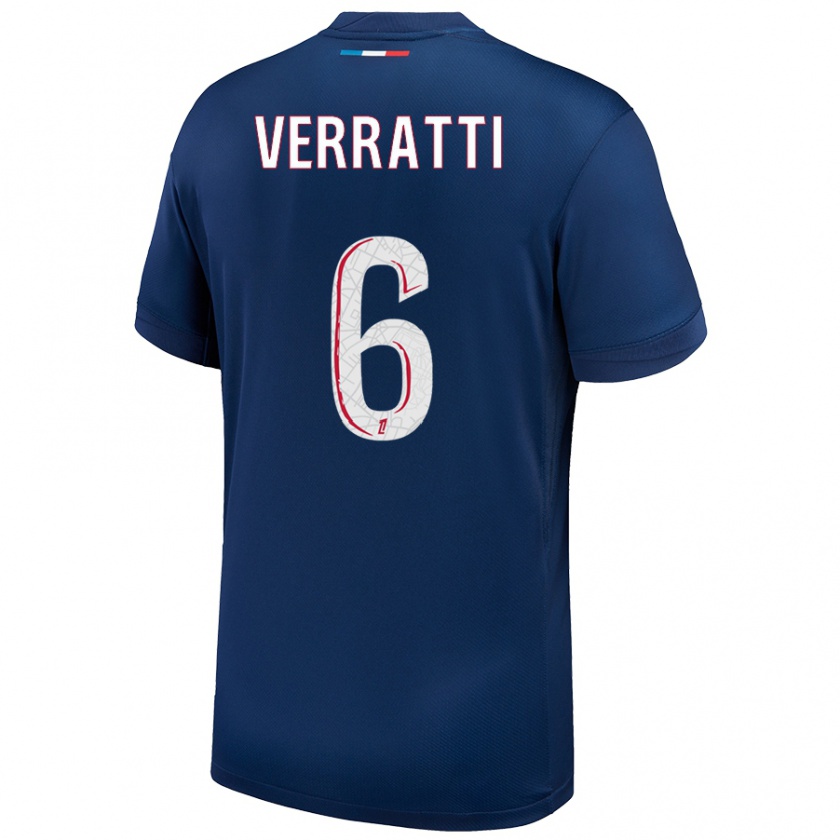 Kandiny Mujer Camiseta Marco Verratti #6 Azul Marino Blanco 1ª Equipación 2024/25 La Camisa Chile