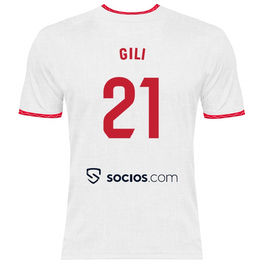 Kandiny Niño Camiseta Gemma Gili #21 Blanco Rojo 1ª Equipación 2024/25 La Camisa Chile