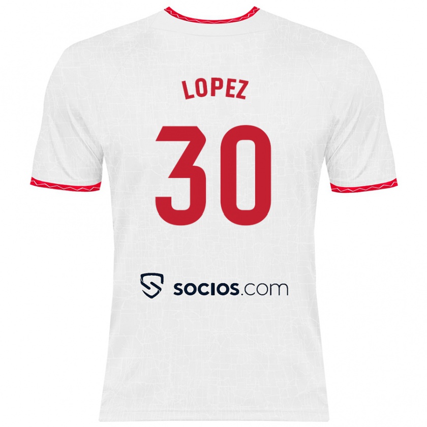 Kandiny Niño Camiseta Alba López #30 Blanco Rojo 1ª Equipación 2024/25 La Camisa Chile