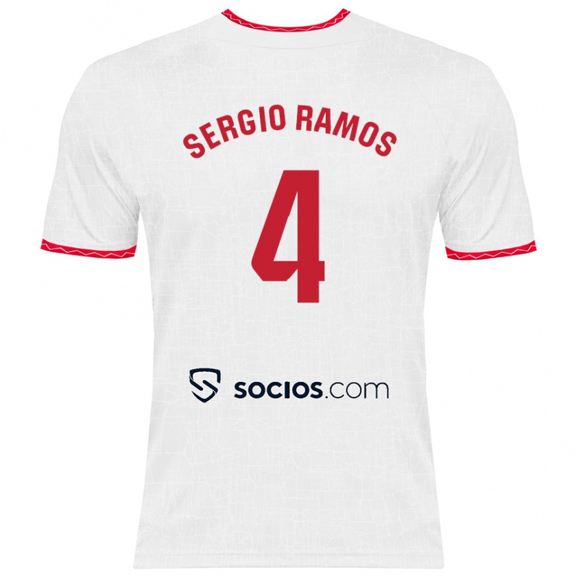 Kandiny Niño Camiseta Sergio Ramos #4 Blanco Rojo 1ª Equipación 2024/25 La Camisa Chile