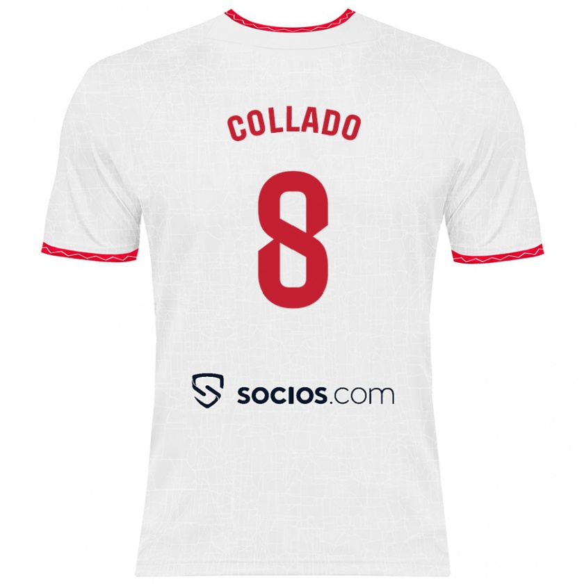 Kandiny Niño Camiseta Alberto Collado #8 Blanco Rojo 1ª Equipación 2024/25 La Camisa Chile