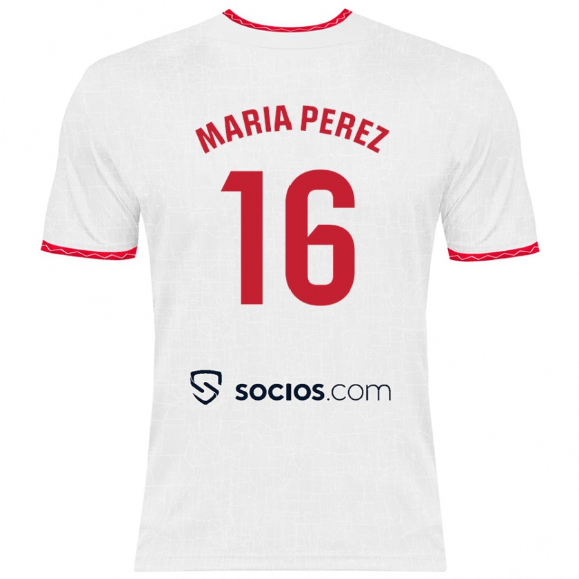 Kandiny Niño Camiseta María Pérez Rabaza #16 Blanco Rojo 1ª Equipación 2024/25 La Camisa Chile