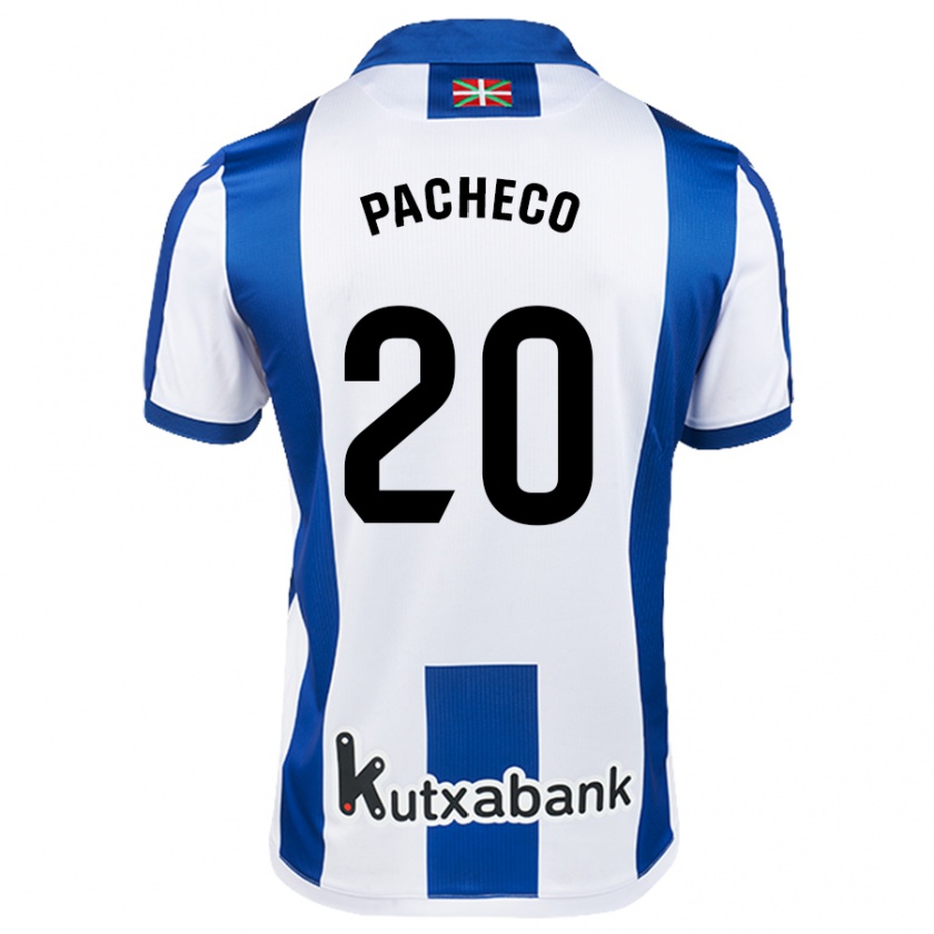 Kandiny Niño Camiseta Jon Pacheco #20 Blanco Azul 1ª Equipación 2024/25 La Camisa Chile