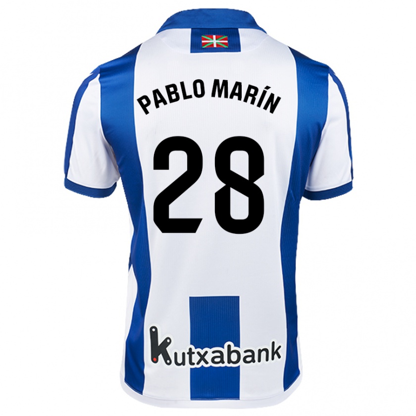 Kandiny Niño Camiseta Pablo Marín #28 Blanco Azul 1ª Equipación 2024/25 La Camisa Chile