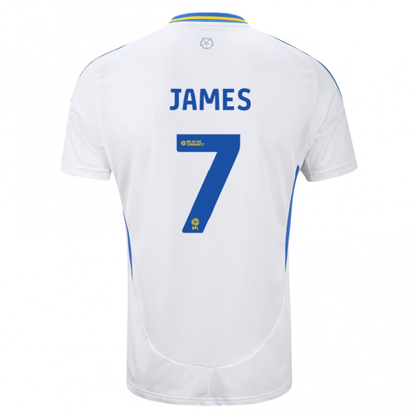 Kandiny Niño Camiseta Daniel James #7 Blanco Azul 1ª Equipación 2024/25 La Camisa Chile