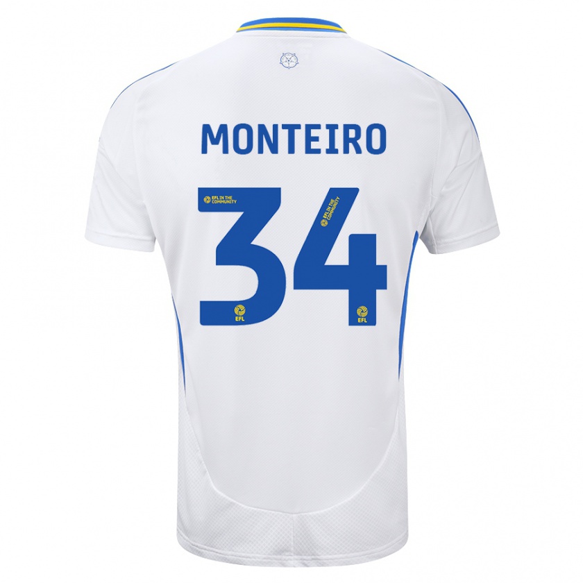 Kandiny Niño Camiseta Diogo Monteiro #34 Blanco Azul 1ª Equipación 2024/25 La Camisa Chile