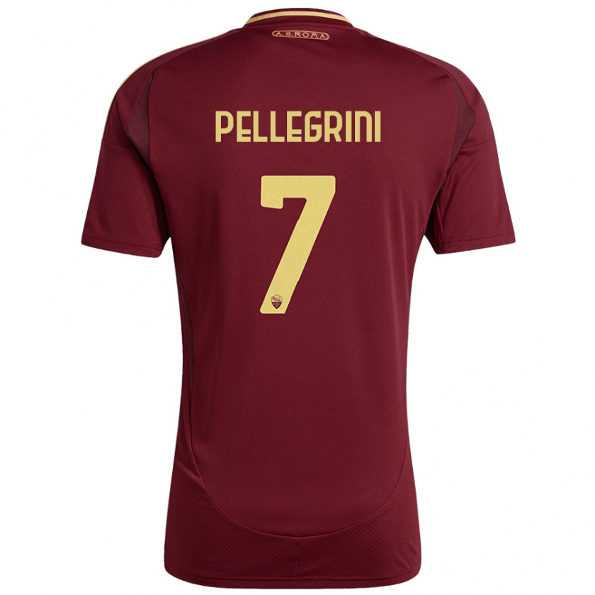 Kandiny Niño Camiseta Lorenzo Pellegrini #7 Rojo Marrón Dorado 1ª Equipación 2024/25 La Camisa Chile