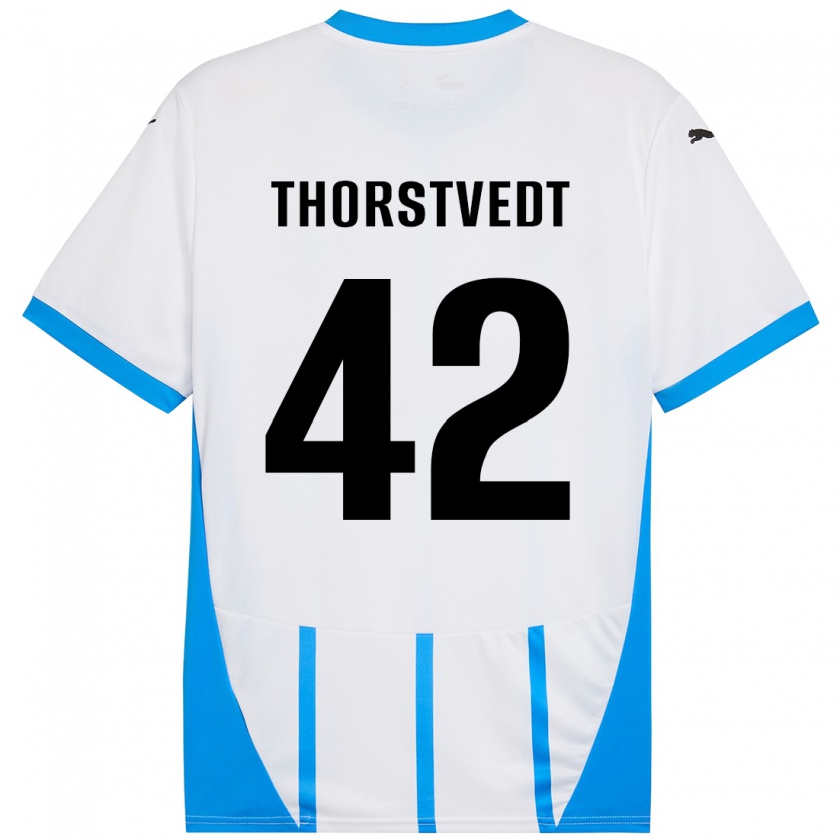 Kandiny Niño Camiseta Kristian Thorstvedt #42 Blanco Azul 2ª Equipación 2024/25 La Camisa Chile