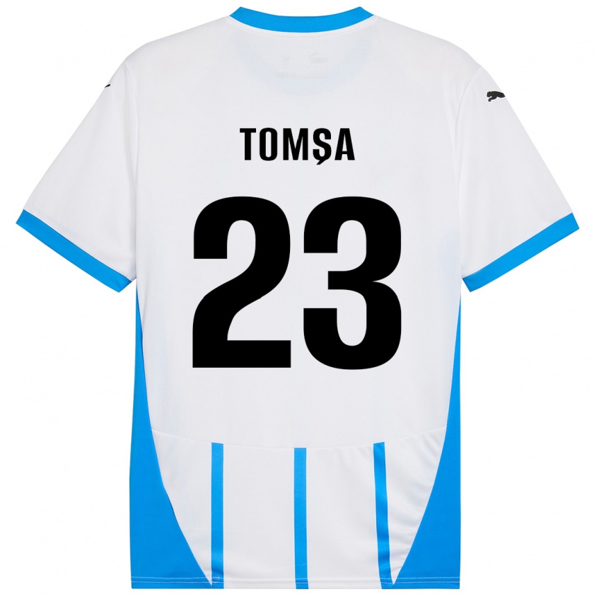 Kandiny Niño Camiseta Troy Tomșa #23 Blanco Azul 2ª Equipación 2024/25 La Camisa Chile