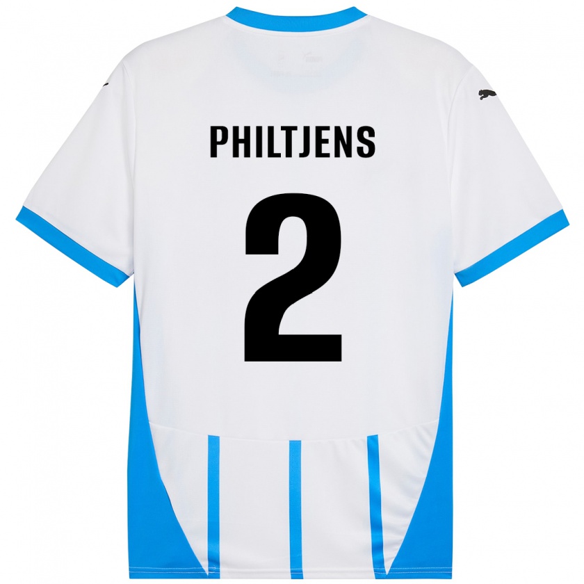 Kandiny Niño Camiseta Davina Philtjens #2 Blanco Azul 2ª Equipación 2024/25 La Camisa Chile