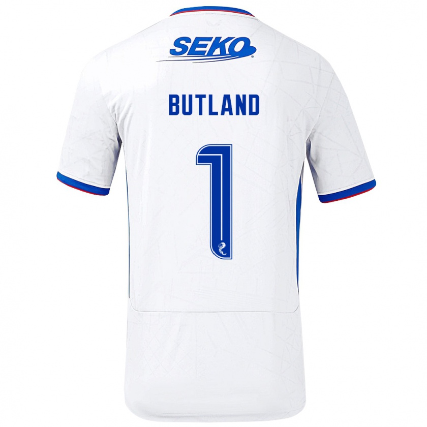 Kandiny Niño Camiseta Jack Butland #1 Blanco Azul 2ª Equipación 2024/25 La Camisa Chile