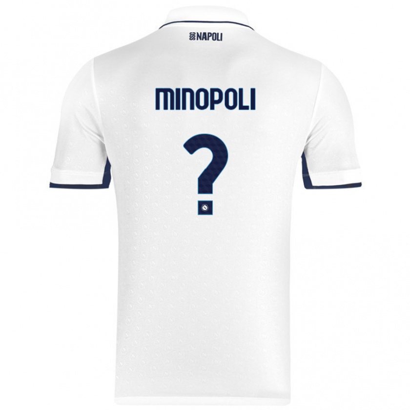 Kandiny Niño Camiseta Francesco Minopoli #0 Blanco Azul Real 2ª Equipación 2024/25 La Camisa Chile