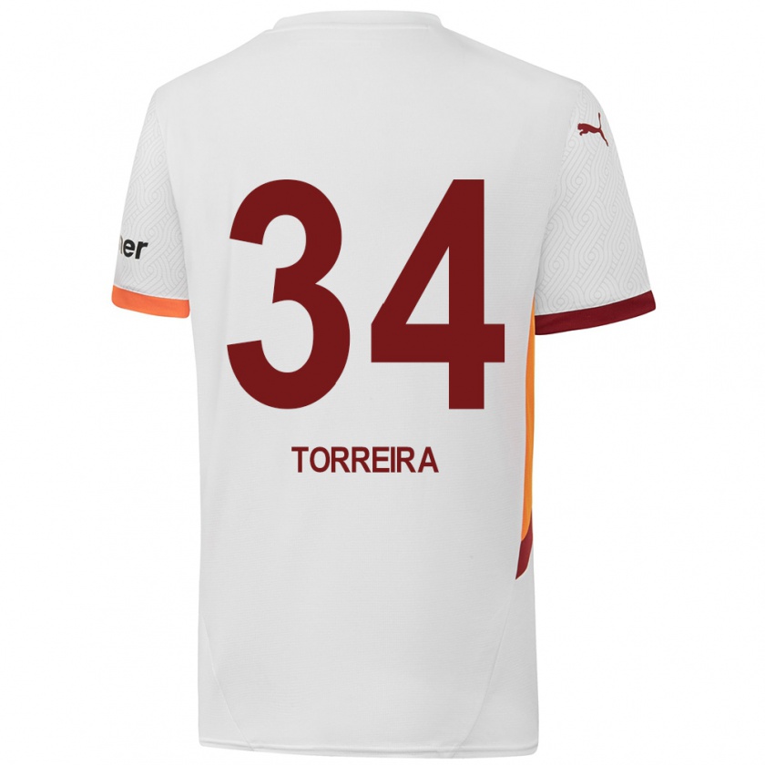 Kandiny Niño Camiseta Lucas Torreira #34 Blanco Amarillo Rojo 2ª Equipación 2024/25 La Camisa Chile