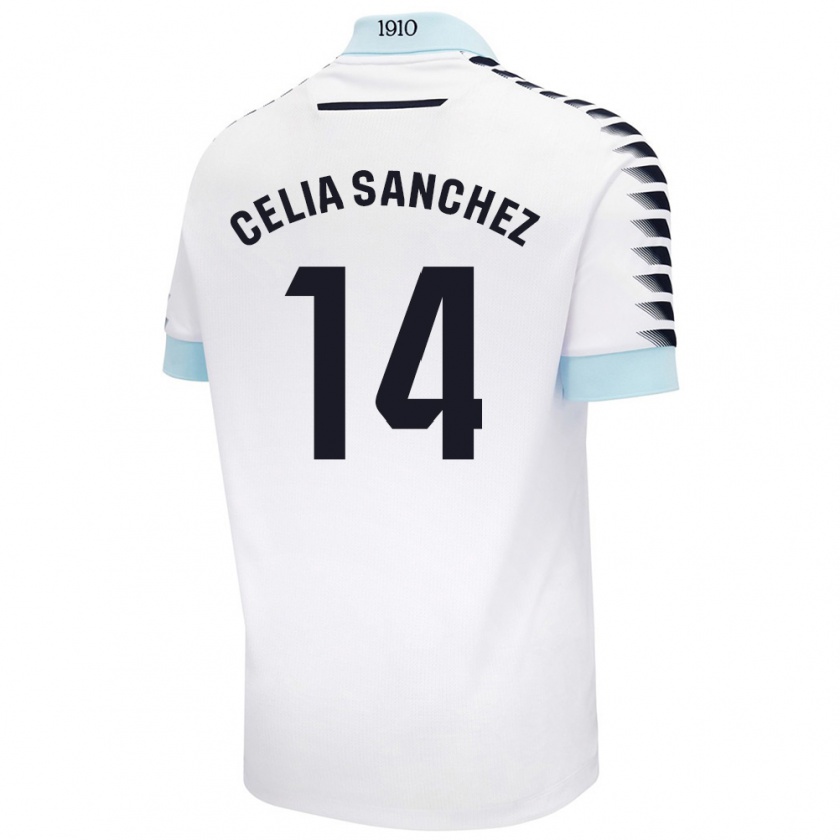 Kandiny Niño Camiseta Celia Sánchez García #14 Blanco Azul 2ª Equipación 2024/25 La Camisa Chile