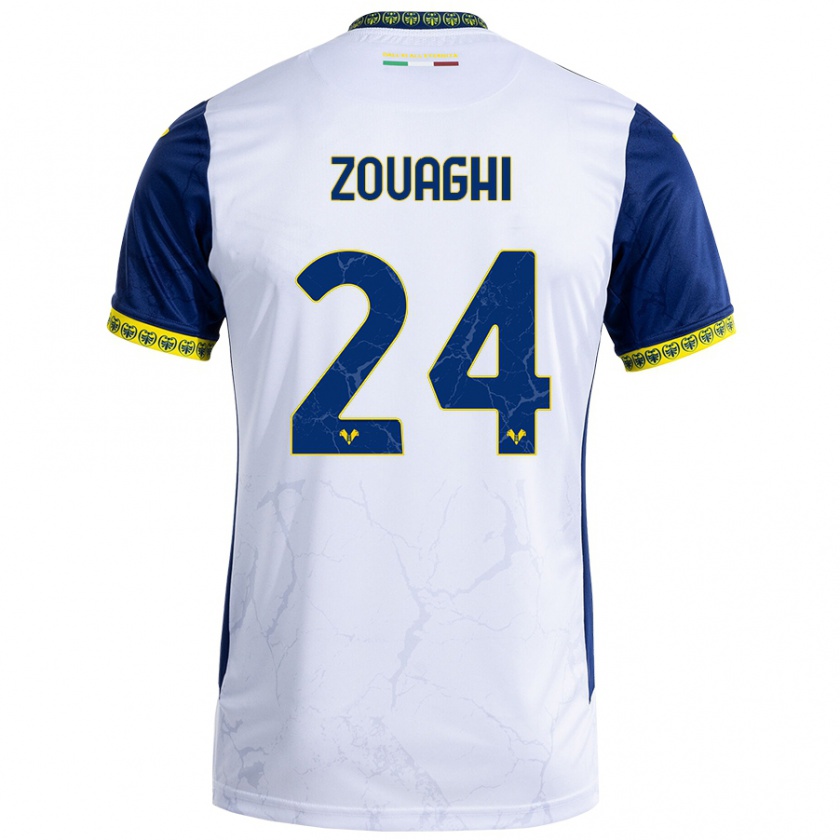 Kandiny Niño Camiseta Thomas Zouaghi #24 Blanco Azul 2ª Equipación 2024/25 La Camisa Chile