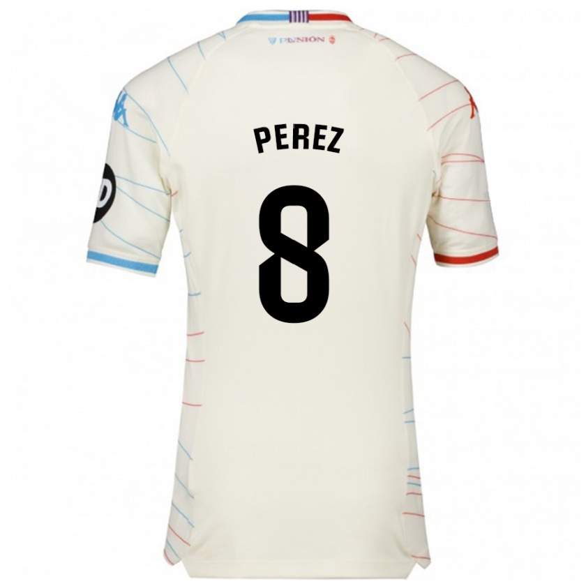 Kandiny Hombre Camiseta Kike Pérez #8 Blanco Rojo Azul 2ª Equipación 2024/25 La Camisa Chile