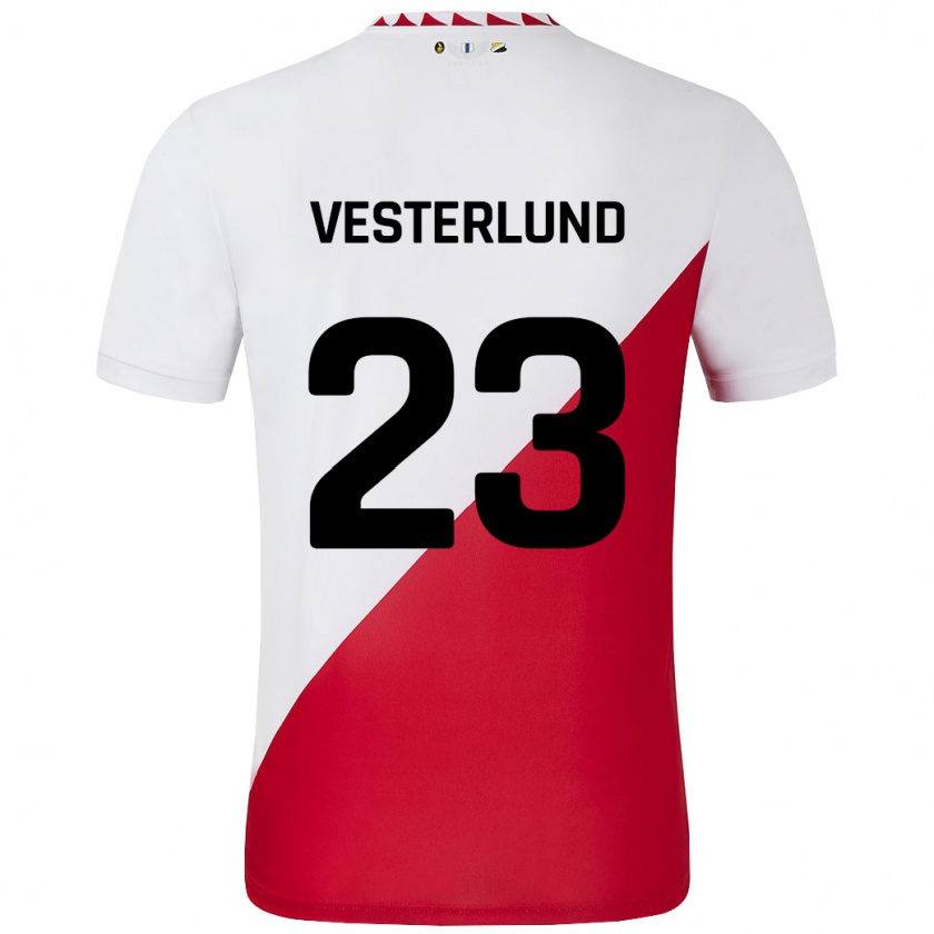 Kandiny Mujer Camiseta Niklas Vesterlund #23 Blanco Rojo 1ª Equipación 2024/25 La Camisa Chile