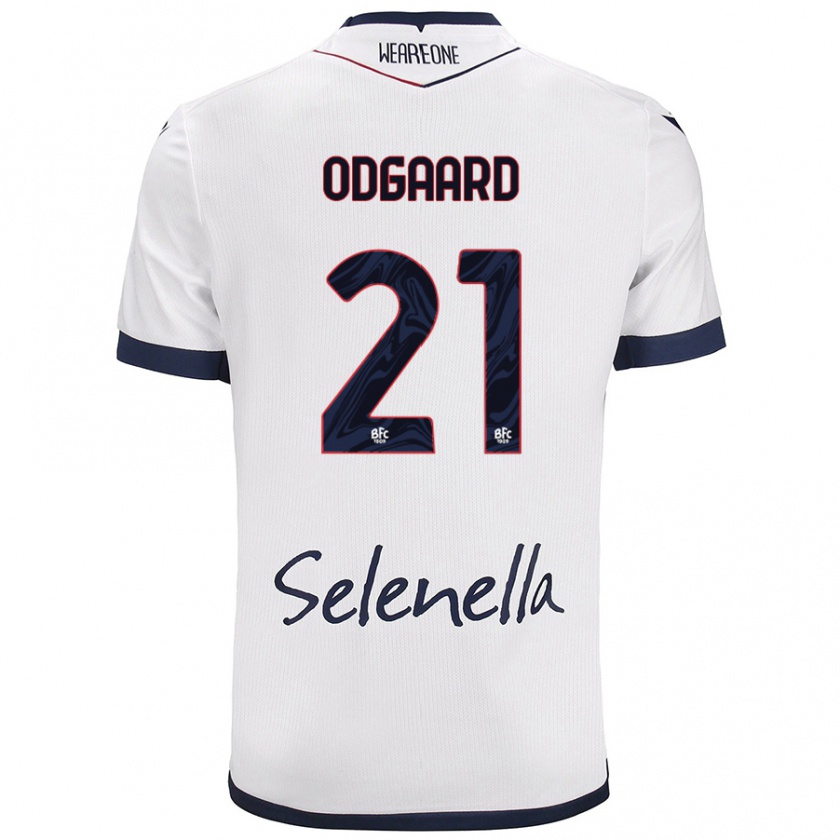 Kandiny Mujer Camiseta Jens Odgaard #21 Blanco Azul Real 2ª Equipación 2024/25 La Camisa Chile