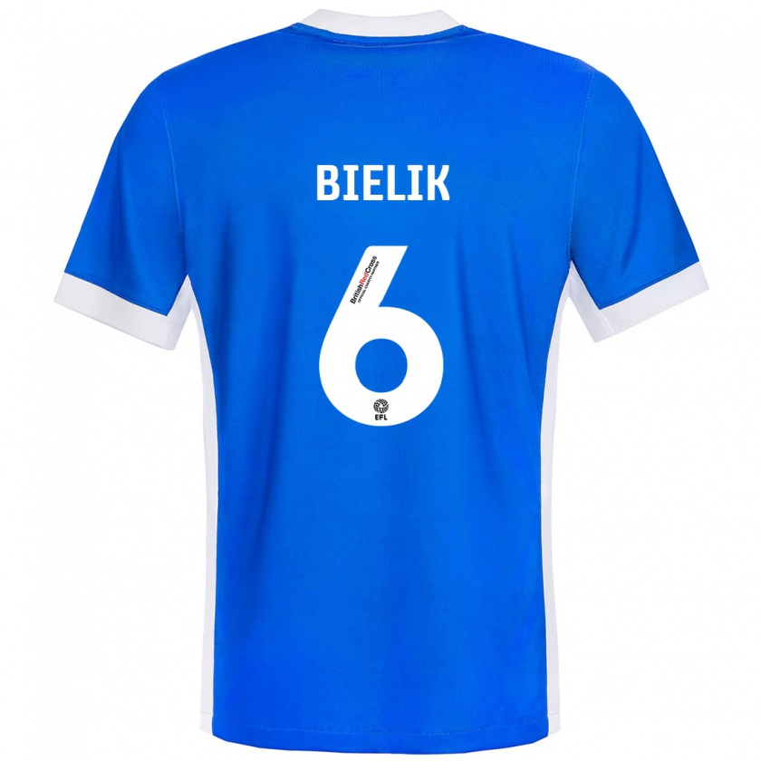 Kandiny Niño Camiseta Krystian Bielik #6 Azul Blanco 1ª Equipación 2024/25 La Camisa Chile