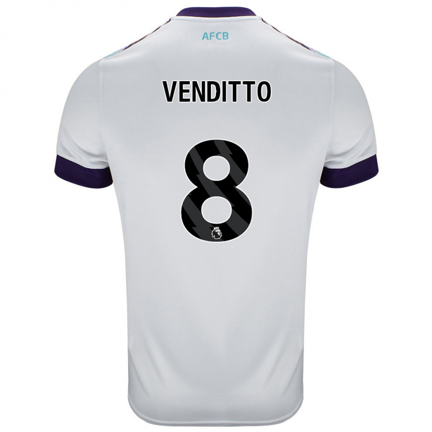 Kandiny Niño Camiseta Olivia Venditto #8 Blanco Verde Púrpura 2ª Equipación 2024/25 La Camisa Chile