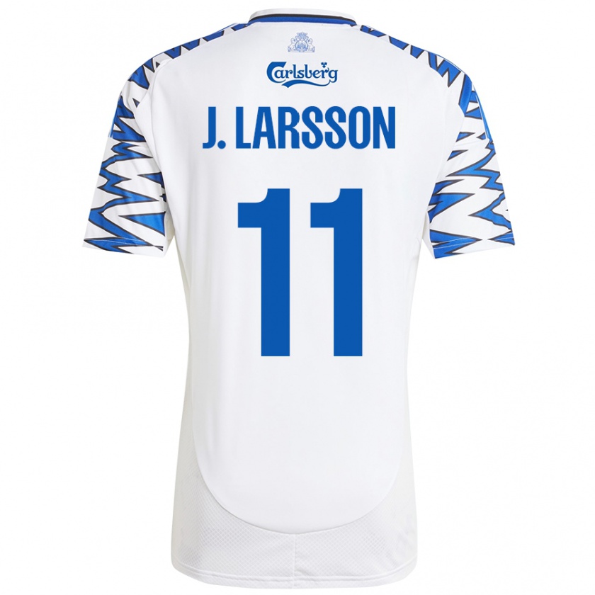 Kandiny Niño Camiseta Jordan Larsson #11 Blanco Azul Cielo 1ª Equipación 2024/25 La Camisa Chile