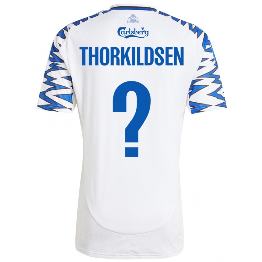 Kandiny Niño Camiseta Elias Thorkildsen #0 Blanco Azul Cielo 1ª Equipación 2024/25 La Camisa Chile