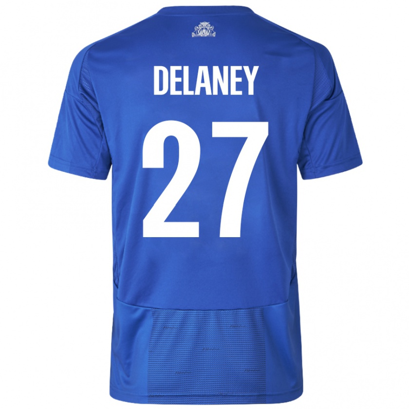 Kandiny Niño Camiseta Thomas Delaney #27 Blanco Azul 2ª Equipación 2024/25 La Camisa Chile